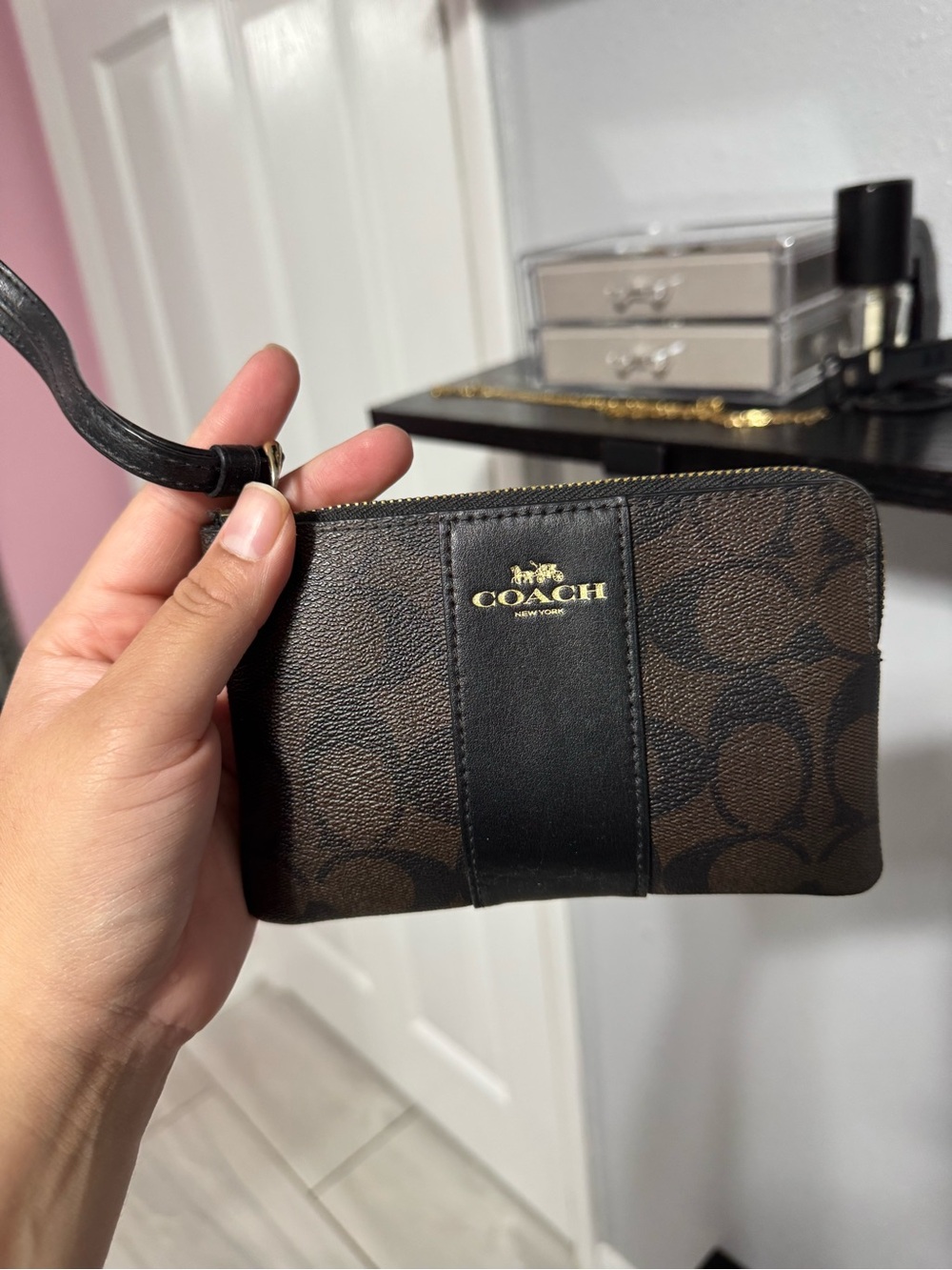 Coach Brown & Black Signature Canvas Wristlet Card Holder
